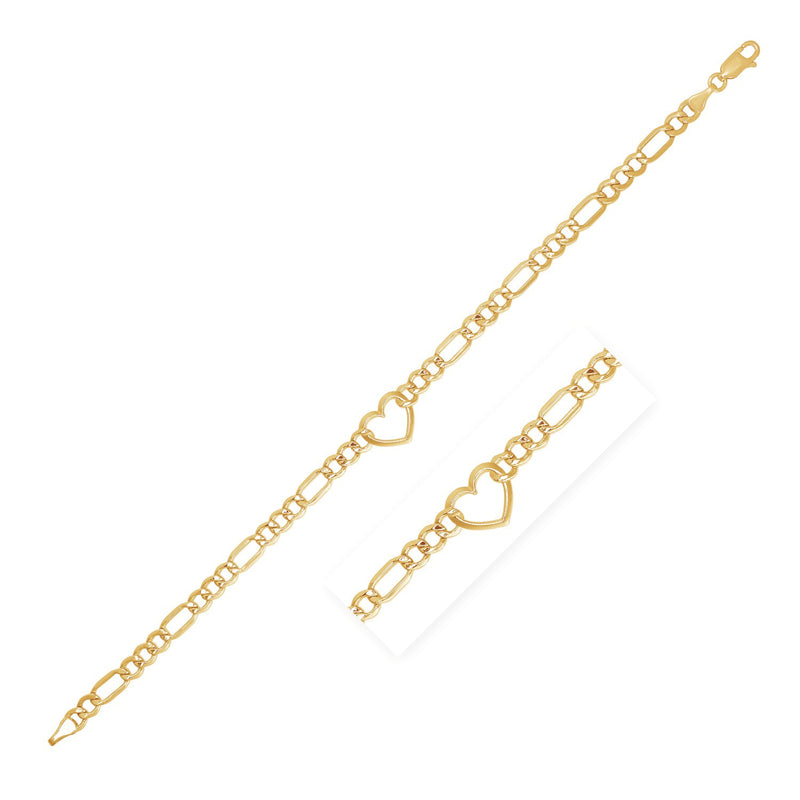 14k Yellow Gold 7 inch Figaro Chain Bracelet with Heart - Premium Bracelets - Just $499.99! Shop now at Pulse Designer Fashion