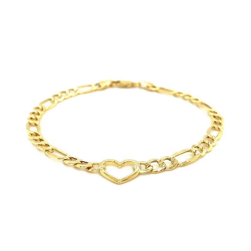 14k Yellow Gold 7 inch Figaro Chain Bracelet with Heart - Premium Bracelets - Just $499.99! Shop now at Pulse Designer Fashion