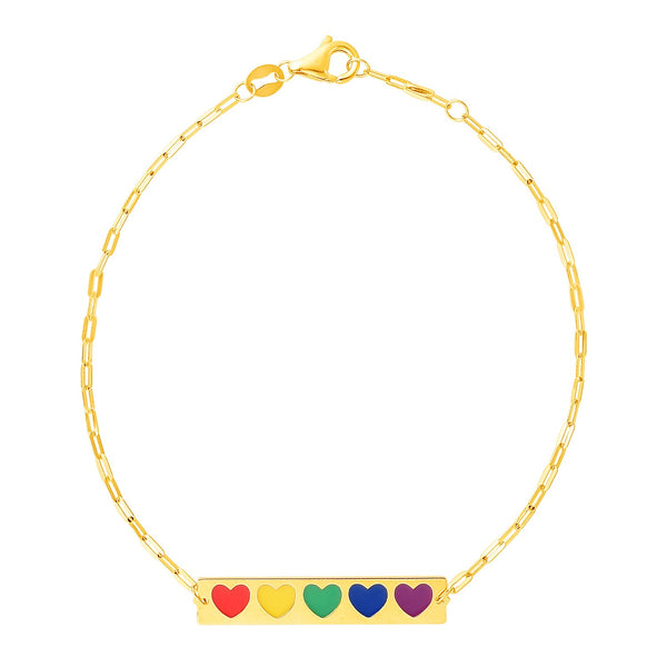 14k Yellow Gold 7 inch Bar Bracelet with Rainbow Enamel Hearts - Premium Bracelets - Just $322.99! Shop now at Pulse Designer Fashion