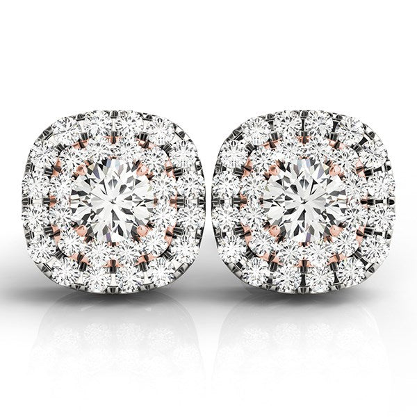 14k White and Rose Gold Cushion Shape Halo Diamond Earrings (3/4 cttw) - Premium Earrings - Just $3415.99! Shop now at Pulse Designer Fashion