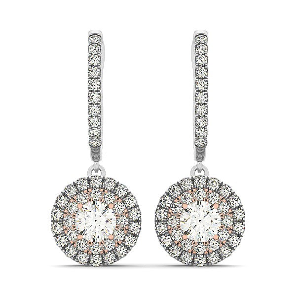 14k White And Rose Gold Drop Diamond Earrings with a Halo Design (3/4 cttw) - Premium Earrings - Just $3312.99! Shop now at Pulse Designer Fashion