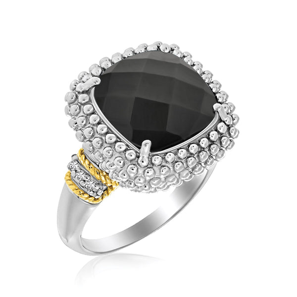 18k Yellow Gold & Sterling Silver Black Onyx and Diamond Popcorn Cushion Ring - Premium Rings - Just $407.99! Shop now at Pulse Designer Fashion