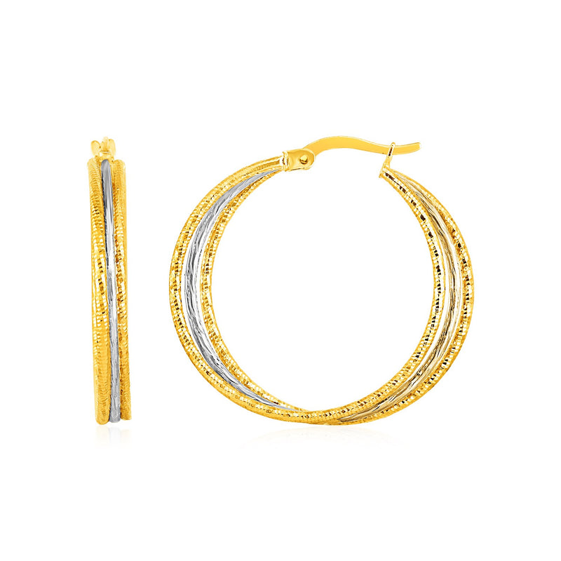 Three Part Textured Hoop Earrings in 14k Yellow and White Gold - Premium Earrings - Just $660.99! Shop now at Pulse Designer Fashion