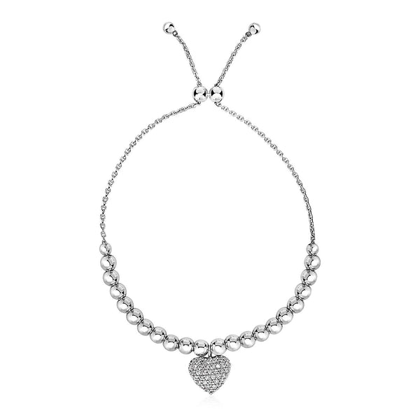 Adjustable Bead Bracelet with Round Charm and Cubic Zirconias in Sterling Silver - Premium Bracelets - Just $102.99! Shop now at Pulse Designer Fashion