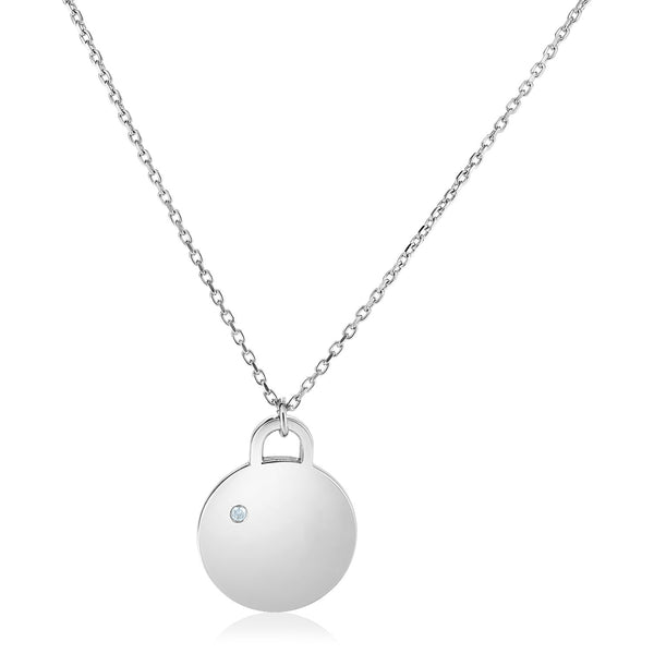 Sterling Silver 18 inch Necklace with Polished Disc with Diamond - Premium Necklaces - Just $159.99! Shop now at Pulse Designer Fashion