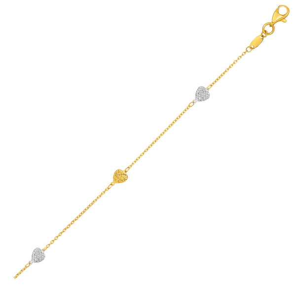 14k Two-Toned Yellow and White Gold Anklet with Textured Hearts - Premium Anklets - Just $351.99! Shop now at Pulse Designer Fashion