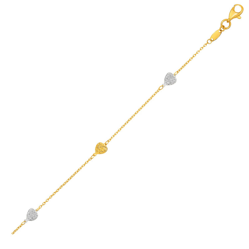 14k Two-Toned Yellow and White Gold Anklet with Textured Hearts - Premium Anklets - Just $351.99! Shop now at Pulse Designer Fashion