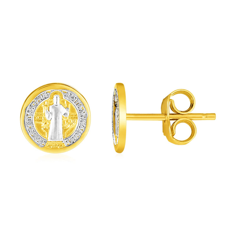 14k Two Tone Gold Round Religious Medal Post Earrings - Premium Earrings - Just $295.99! Shop now at Pulse Designer Fashion