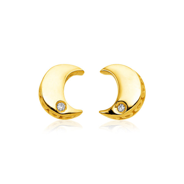 14k Yellow Gold Polished Moon Earrings with Diamonds - Premium Earrings - Just $290.99! Shop now at Pulse Designer Fashion