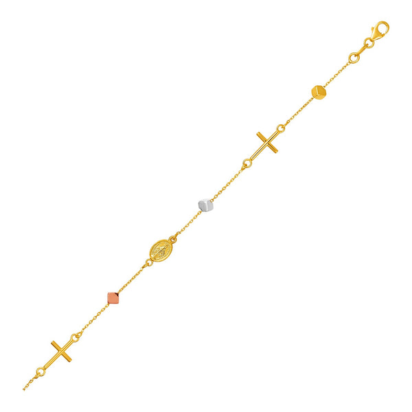 14k Tri Color Gold Bracelet with Crosses Cubes and Medallions - Premium Bracelets - Just $459.99! Shop now at Pulse Designer Fashion