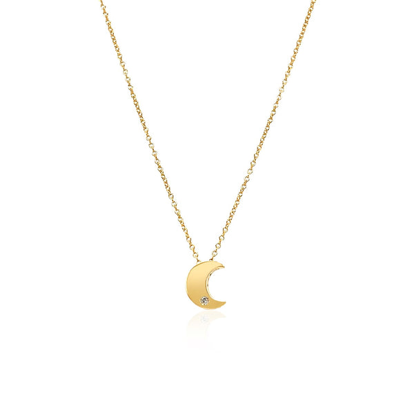 14k Yellow Gold Polished Moon Necklace with Diamond - Premium Necklaces - Just $380.99! Shop now at Pulse Designer Fashion