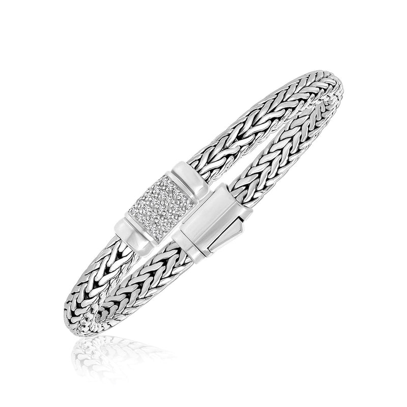 Sterling Silver Weave Motif Bracelet with White Sapphire Accents - Premium Bracelets - Just $510.99! Shop now at Pulse Designer Fashion