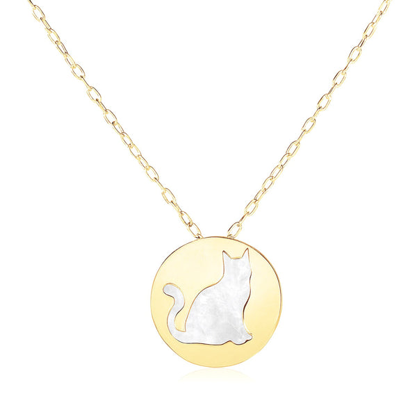 14k Yellow Gold Necklace with Cat Symbol in Mother of Pearl - Premium Necklaces - Just $406.99! Shop now at Pulse Designer Fashion