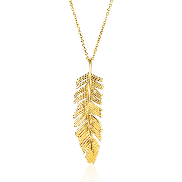 14k Yellow Gold with Textured Feather Pendant - Premium Pendants - Just $537.99! Shop now at Pulse Designer Fashion