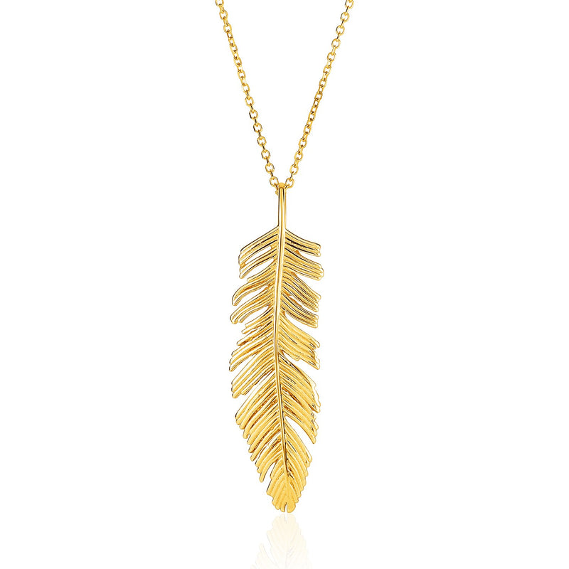 14k Yellow Gold with Textured Feather Pendant - Premium Pendants - Just $537.99! Shop now at Pulse Designer Fashion