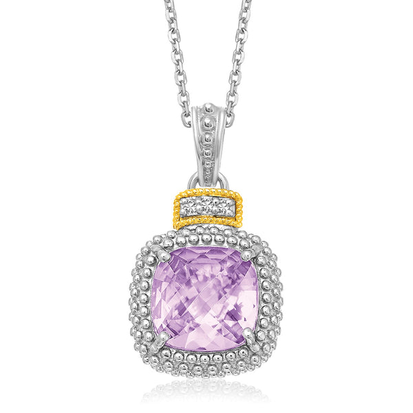 18k Yellow Gold & Sterling Silver Cushion Amethyst and Diamond Pendant - Premium Pendants - Just $477.99! Shop now at Pulse Designer Fashion