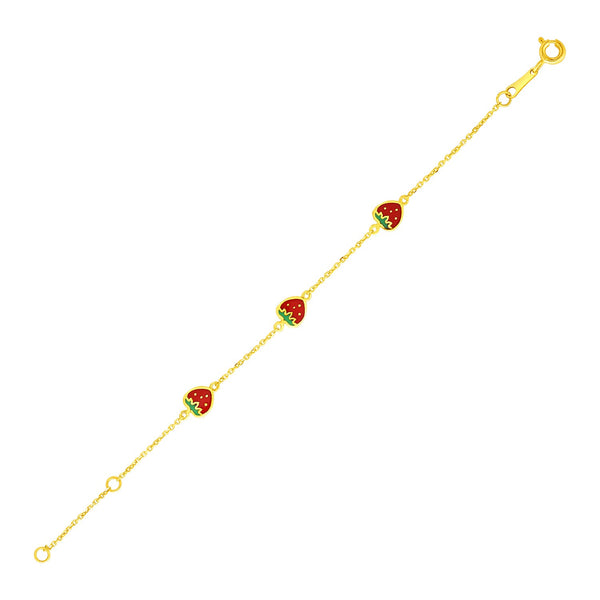 14k Yellow Gold 5 1/2 inch Childrens Bracelet with Enameled Strawberries - Premium Bracelets - Just $258.99! Shop now at Pulse Designer Fashion