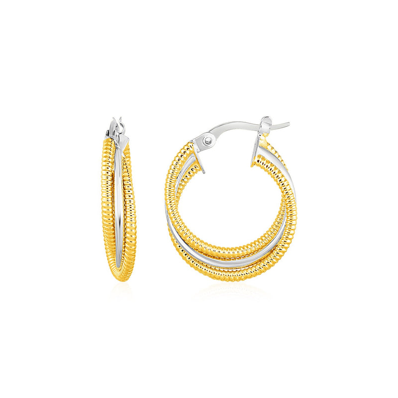 Three Part Textured and Shiny Hoop Earrings in 14k Yellow and White Gold - Premium Earrings - Just $452.99! Shop now at Pulse Designer Fashion