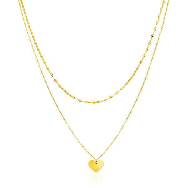 14k Yellow Gold 18 inch Two Strand Necklace with Heart Pendant - Premium Necklaces - Just $483.99! Shop now at Pulse Designer Fashion