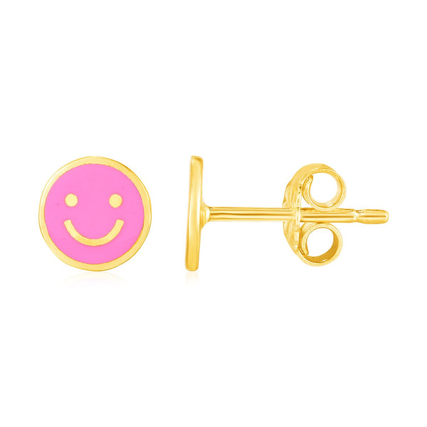 14k Yellow Gold and Enamel Pink Smiley Face Stud Earrings - Premium Earrings - Just $296.99! Shop now at Pulse Designer Fashion