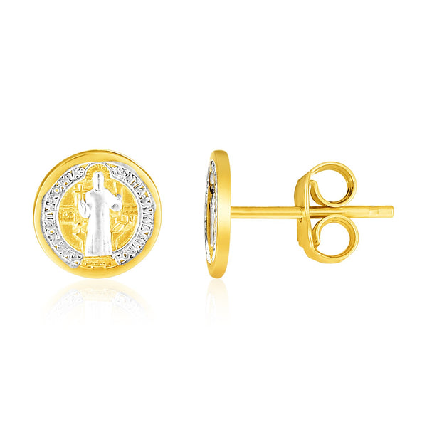 14k Two Tone Gold Round Religious Medallion Post Earrings - Premium Earrings - Just $291.99! Shop now at Pulse Designer Fashion