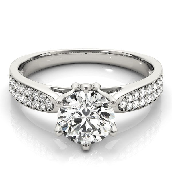 Six Prong 14k White Gold Diamond Engagement Ring with Pave Band (1 5/8 cttw) - Premium Rings - Just $11701.99! Shop now at Pulse Designer Fashion