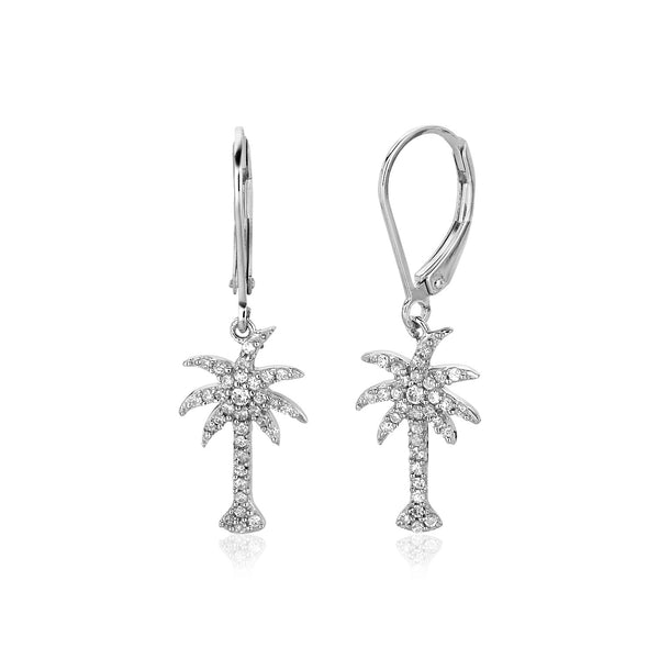 Sterling Silver Palm Tree Dangle Earrings with Cubic Zirconias - Premium Earrings - Just $100.99! Shop now at Pulse Designer Fashion