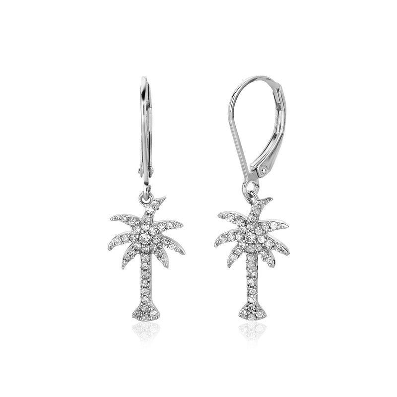 Sterling Silver Palm Tree Dangle Earrings with Cubic Zirconias - Premium Earrings - Just $100.99! Shop now at Pulse Designer Fashion