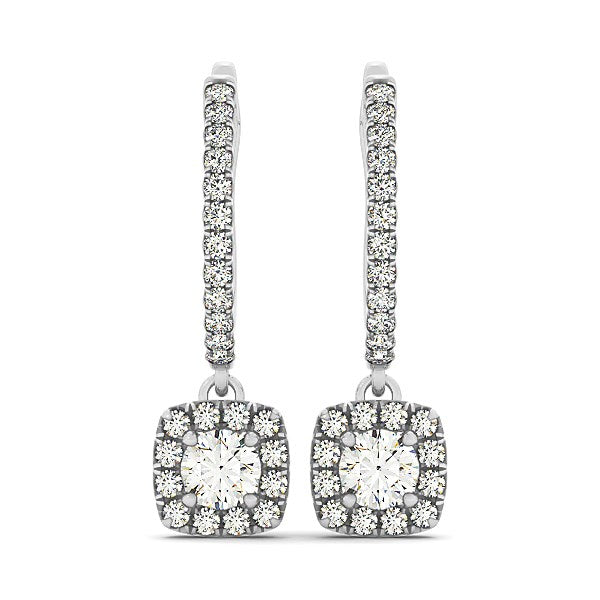 Cushion Shape Halo Style Diamond Drop Earrings in 14k White Gold (1/2 cttw) - Premium Earrings - Just $2273.99! Shop now at Pulse Designer Fashion