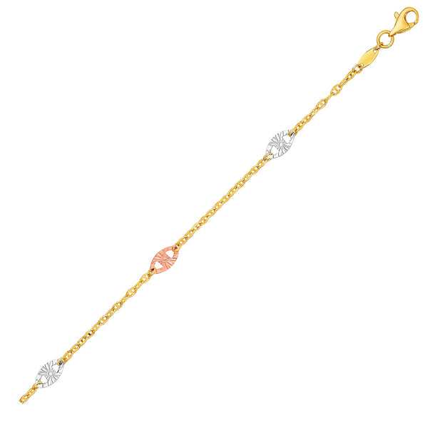 14k Three-Toned Yellow   White   and Rose Gold Anklet with Textured Ovals - Premium Anklets - Just $393.99! Shop now at Pulse Designer Fashion