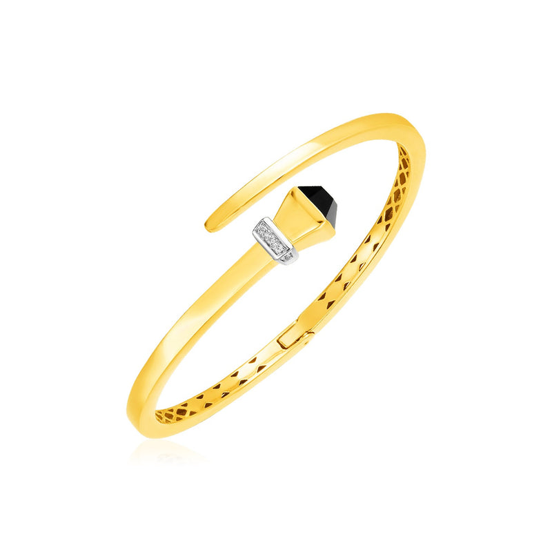 14k Yellow Gold Crossover Style Hinged Bangle Bracelet with Onyx and Diamonds - Premium Bangles - Just $2158.99! Shop now at Pulse Designer Fashion