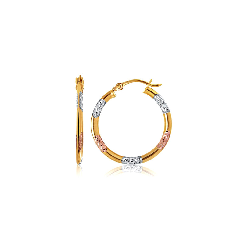 10k Tri-Color Gold Classic Hoop Earrings with Diamond Cut Details - Premium Earrings - Just $130.99! Shop now at Pulse Designer Fashion