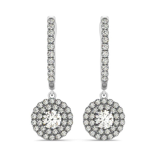 14k White Gold Double Halo Round Diamond Drop Earrings (1 cttw) - Premium Earrings - Just $4329.99! Shop now at Pulse Designer Fashion