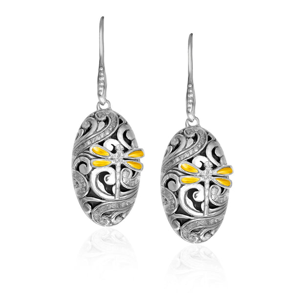 18k Yellow Gold & Sterling Silver Diamond and Dragonfly Oval Earrings - Premium Earrings - Just $1362.99! Shop now at Pulse Designer Fashion