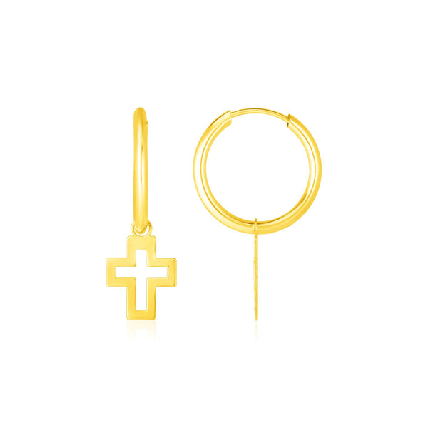 14K Yellow Gold Hoop Polished Earrings with Crosses - Premium Earrings - Just $151.99! Shop now at Pulse Designer Fashion