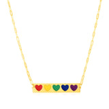 14k Yellow Gold Bar Necklace with Rainbow Enamel Hearts - Premium Necklaces - Just $379.99! Shop now at Pulse Designer Fashion