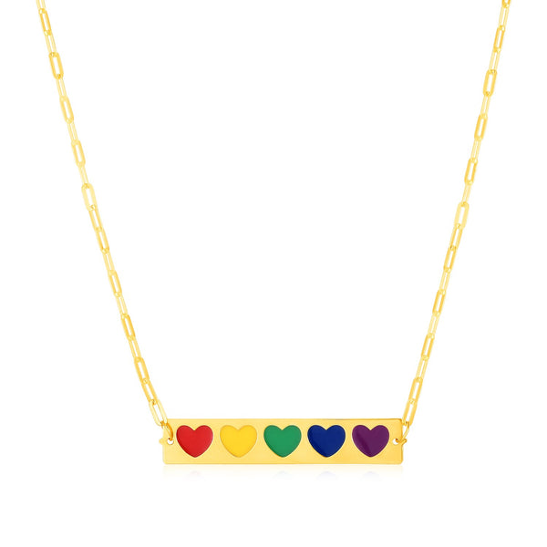 14k Yellow Gold Bar Necklace with Rainbow Enamel Hearts - Premium Necklaces - Just $379.99! Shop now at Pulse Designer Fashion