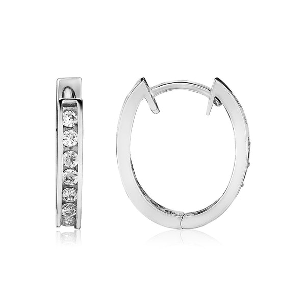 Sterling Silver Oval Hoop Earrings with Cubic Zirconias - Premium Earrings - Just $56.99! Shop now at Pulse Designer Fashion