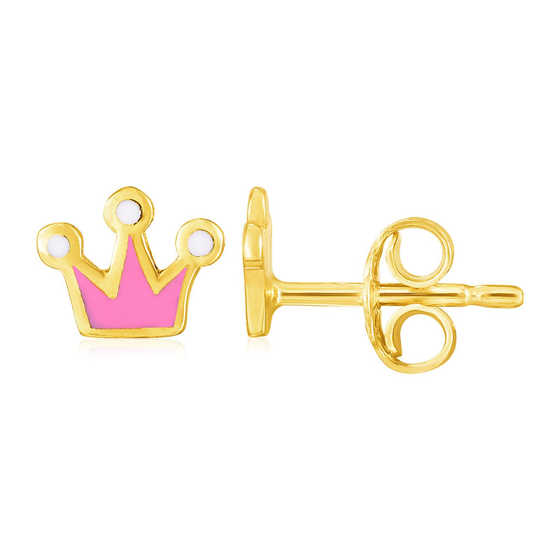 14k Yellow Gold and Enamel Pink Crown Stud Earrings - Premium Earrings - Just $225.99! Shop now at Pulse Designer Fashion