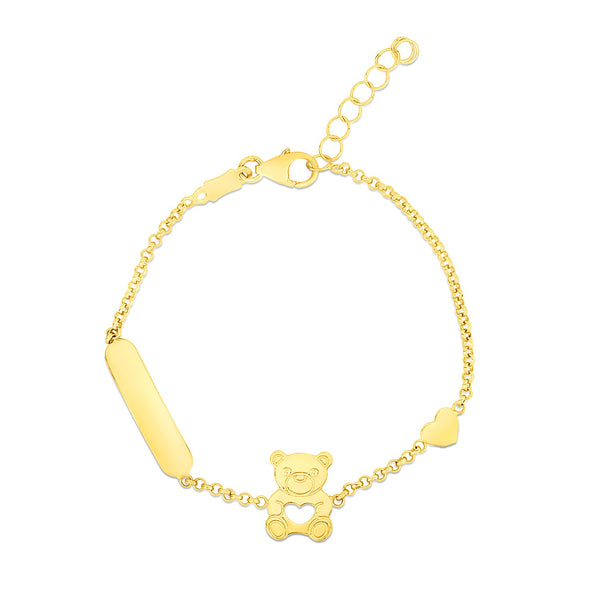 14k Yellow Gold Childrens Bracelet with Teddy Bear Heart and Bar - Premium Bracelets - Just $369.99! Shop now at Pulse Designer Fashion