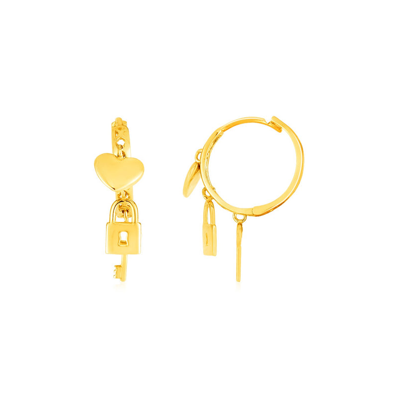 14k Yellow Gold Huggie Style Hoop Earrings with Heart Padlock and Key Drops - Premium Earrings - Just $425.99! Shop now at Pulse Designer Fashion