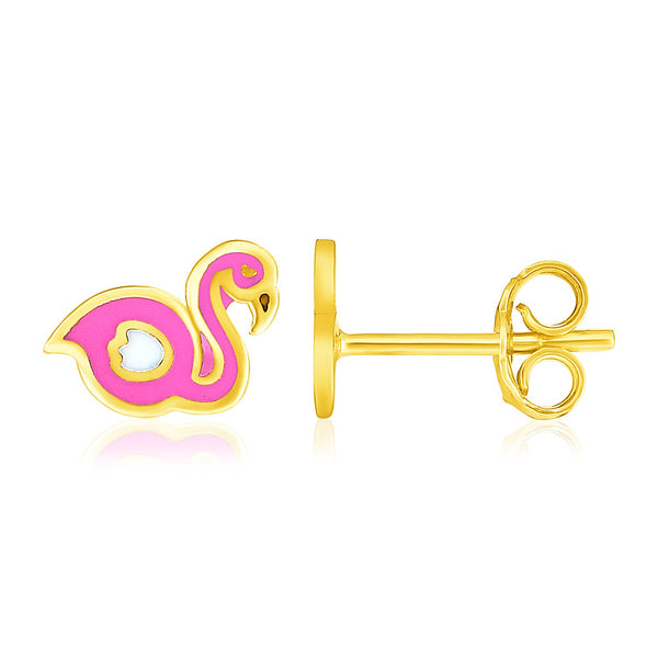 14k Yellow Gold Enameled Flamingo Childrens Earrings - Premium Earrings - Just $197.99! Shop now at Pulse Designer Fashion