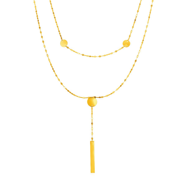 14k Yellow Gold Two Strand Necklace with Polished Circles and Bar Drop - Premium Necklaces - Just $468.99! Shop now at Pulse Designer Fashion