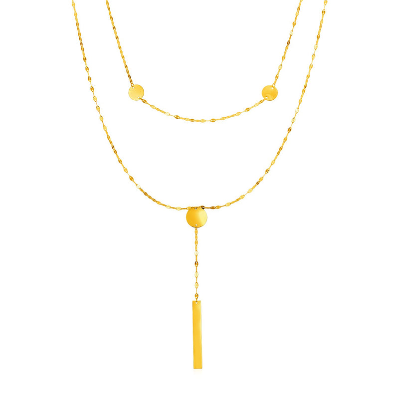 14k Yellow Gold Two Strand Necklace with Polished Circles and Bar Drop - Premium Necklaces - Just $468.99! Shop now at Pulse Designer Fashion