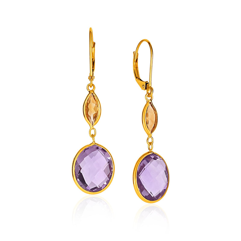 14k Yellow Gold Drop Earrings with Citrine and Amethyst Briolettes - Premium Earrings - Just $616.99! Shop now at Pulse Designer Fashion