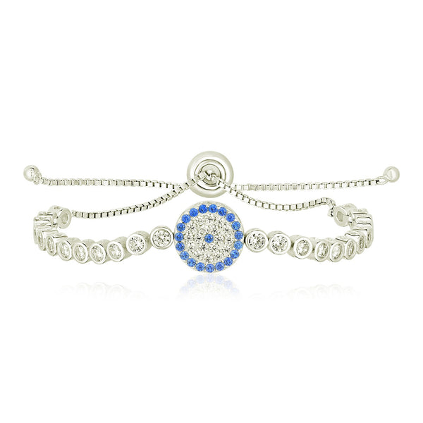 Sterling Silver Adjustable Enameled Eye Motif Bracelet with Cubic Zirconias - Premium Bracelets - Just $163.99! Shop now at Pulse Designer Fashion