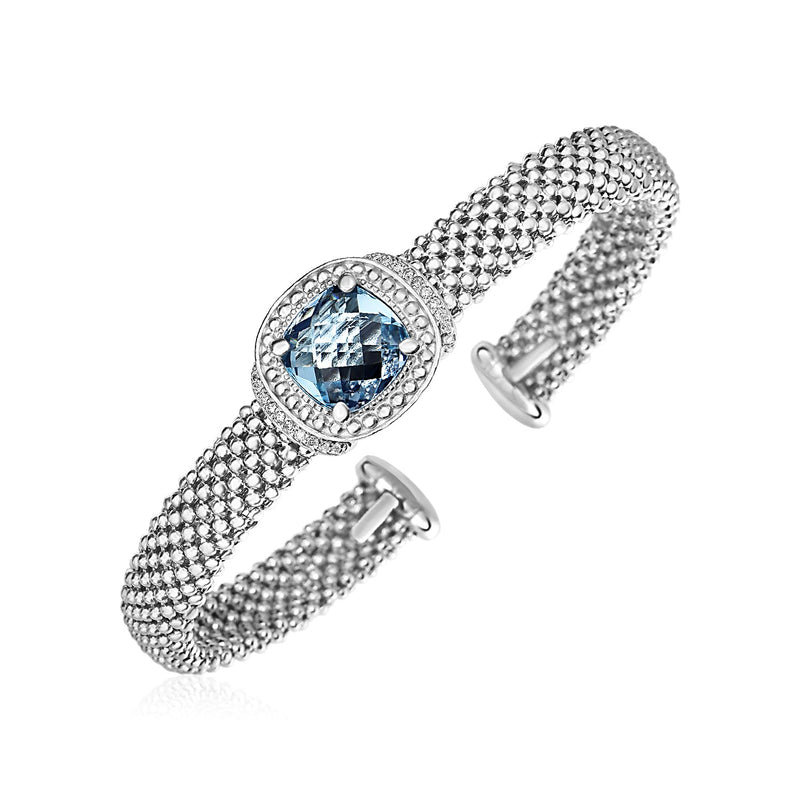 Popcorn Texture Cuff Bangle with Blue Topaz and Diamonds in Sterling Silver - Premium Bangles - Just $782.99! Shop now at Pulse Designer Fashion