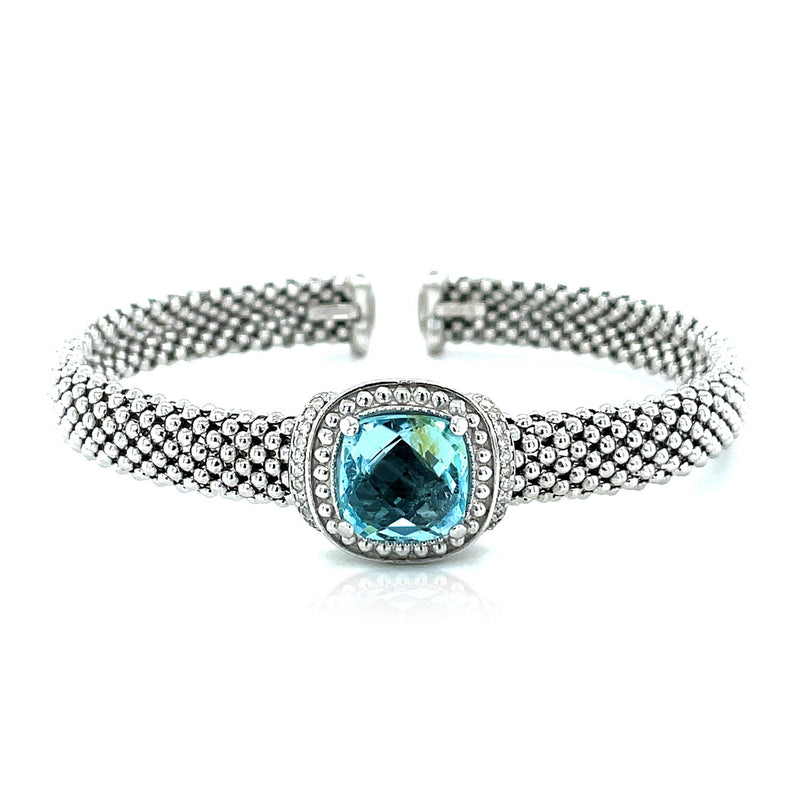 Popcorn Texture Cuff Bangle with Blue Topaz and Diamonds in Sterling Silver - Premium Bangles - Just $782.99! Shop now at Pulse Designer Fashion