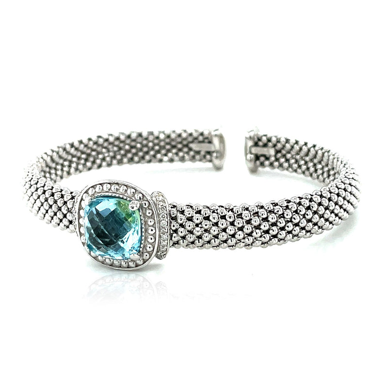 Popcorn Texture Cuff Bangle with Blue Topaz and Diamonds in Sterling Silver - Premium Bangles - Just $782.99! Shop now at Pulse Designer Fashion