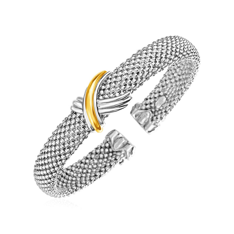 Popcorn Texture Cuff Bangle with X Motif in Sterling Silver and 18k Yellow Gold - Premium Bangles - Just $541.99! Shop now at Pulse Designer Fashion